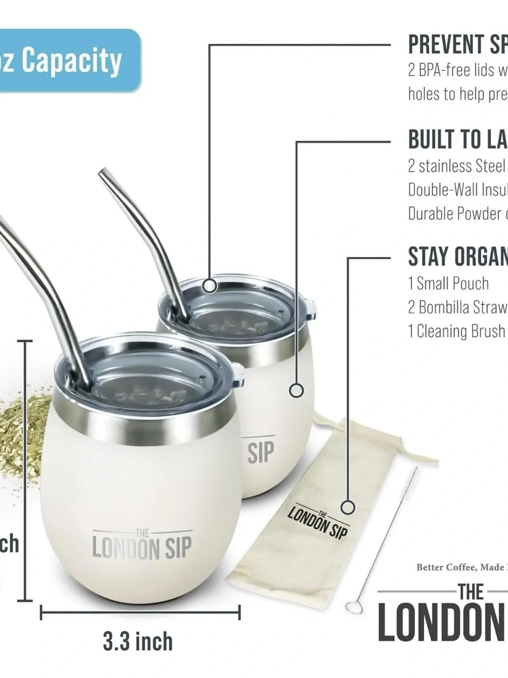 NEW The London Sip Insulated Yerba Mate Cup & Bombilla straw set - pearl white